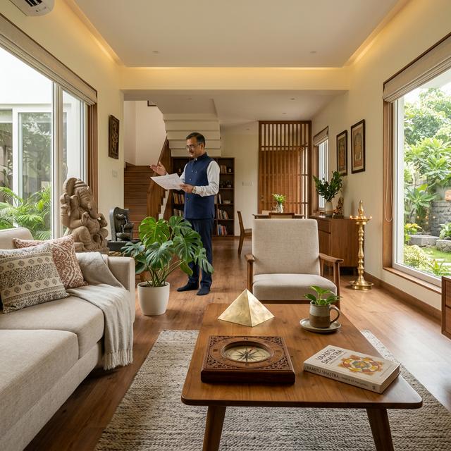 Vastu expert reviewing layout with compass and Vaastu Shastra